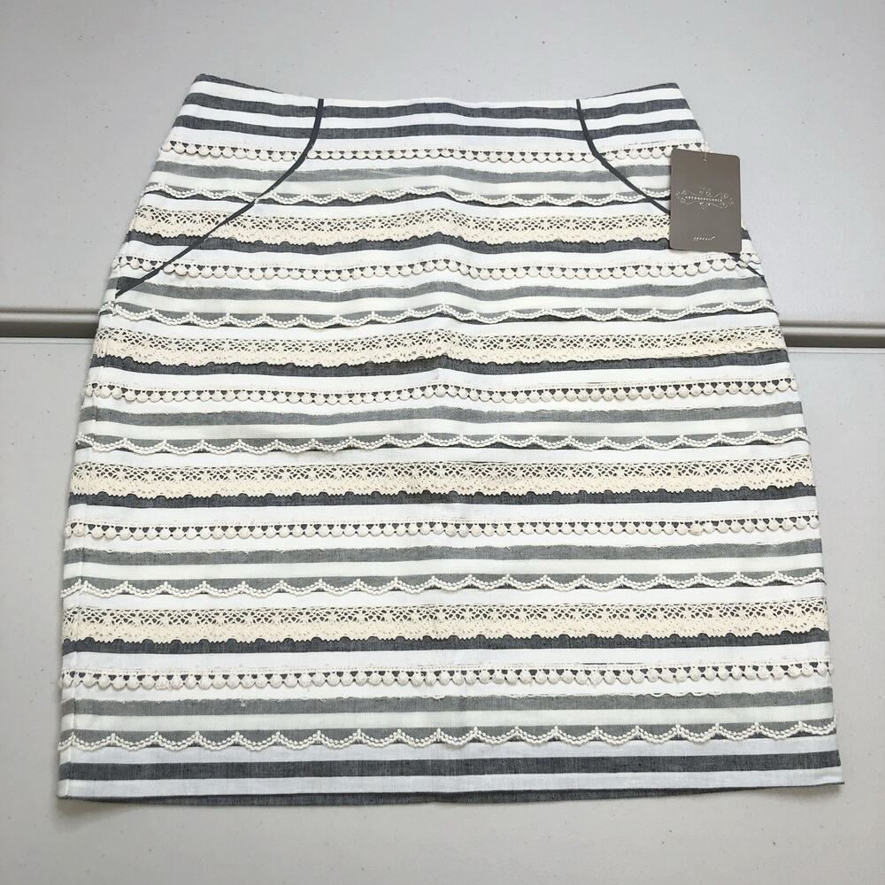 TABITHA Anthropologie Womens Skirt Lace Stripe Lined Pockets Size 4 Linen Blend